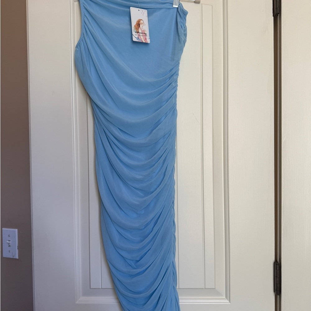 One Shoulder Ruched Light Blue Midi Dress - Picture 5 of 5